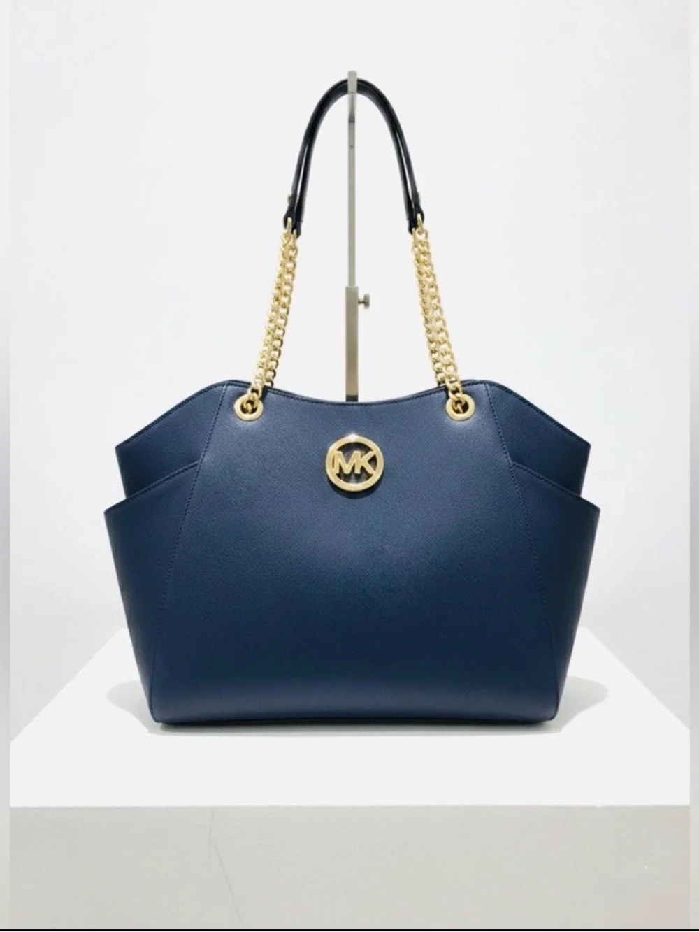 Michael Kors Navy Saffiano Leather Jet Set Shoulder Bag Gold Chain Tote NWT
